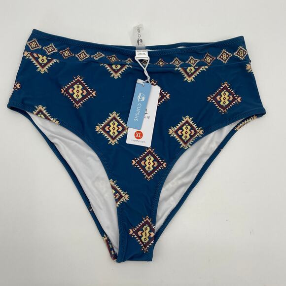 New CUPSHE Blue Southwestern Print High Waisted Bikini Bottom Women's SZ XL - Picture 1 of 4